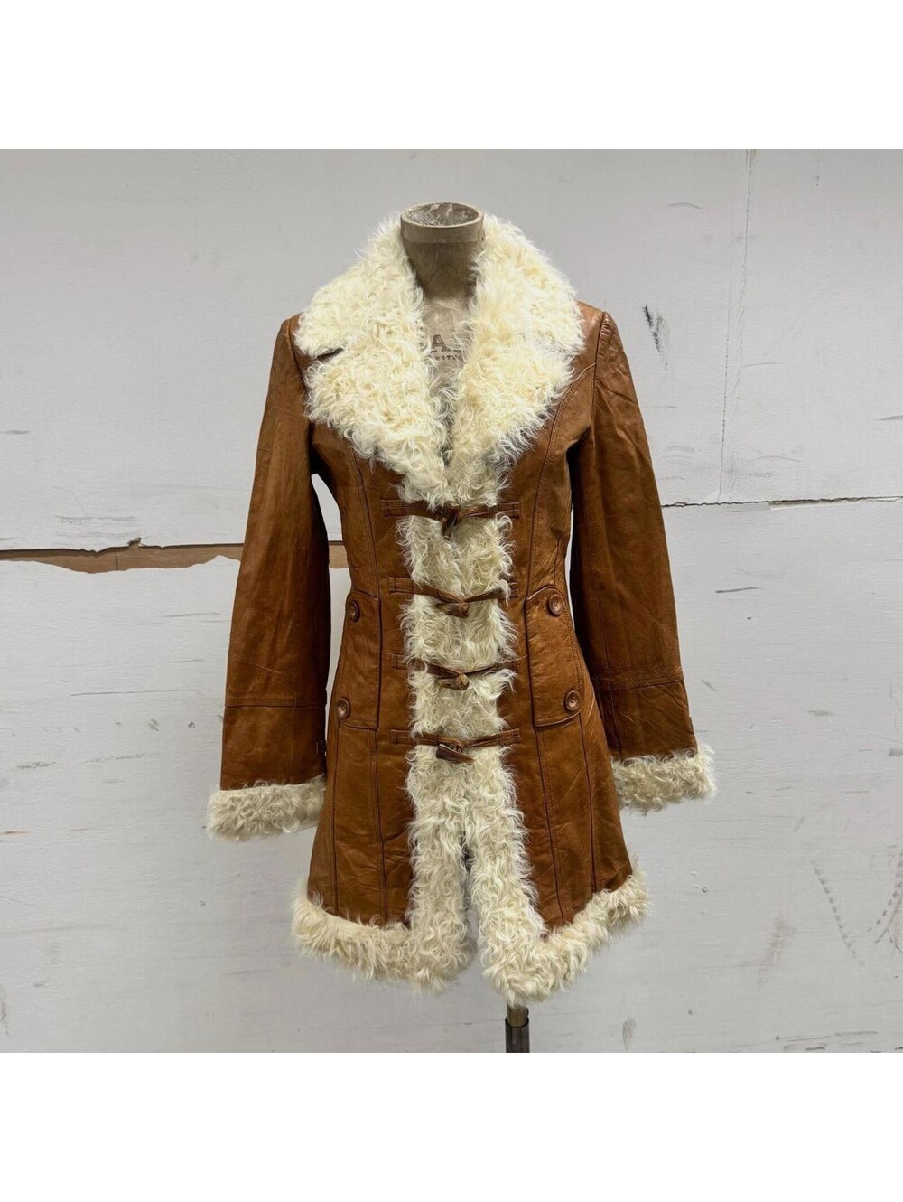 Brown Faux Shearling Trim Leather Coat